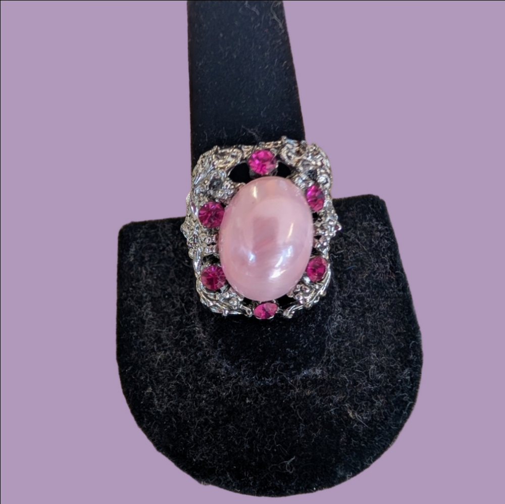 Vintage Ring  Pink Rhinestone Silver Ring Size 9 1960 Statement Style